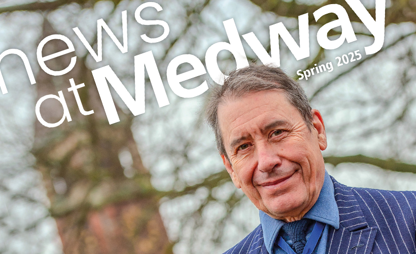 Front cover of our spring magazine. Title reads 'News at Medway Spring 2025'. Jools Holland stands in front of the Medway clocktower. Headline reads "It's a life-saver" - Jools Holland OBE celebrates robotic surgery at Medway
