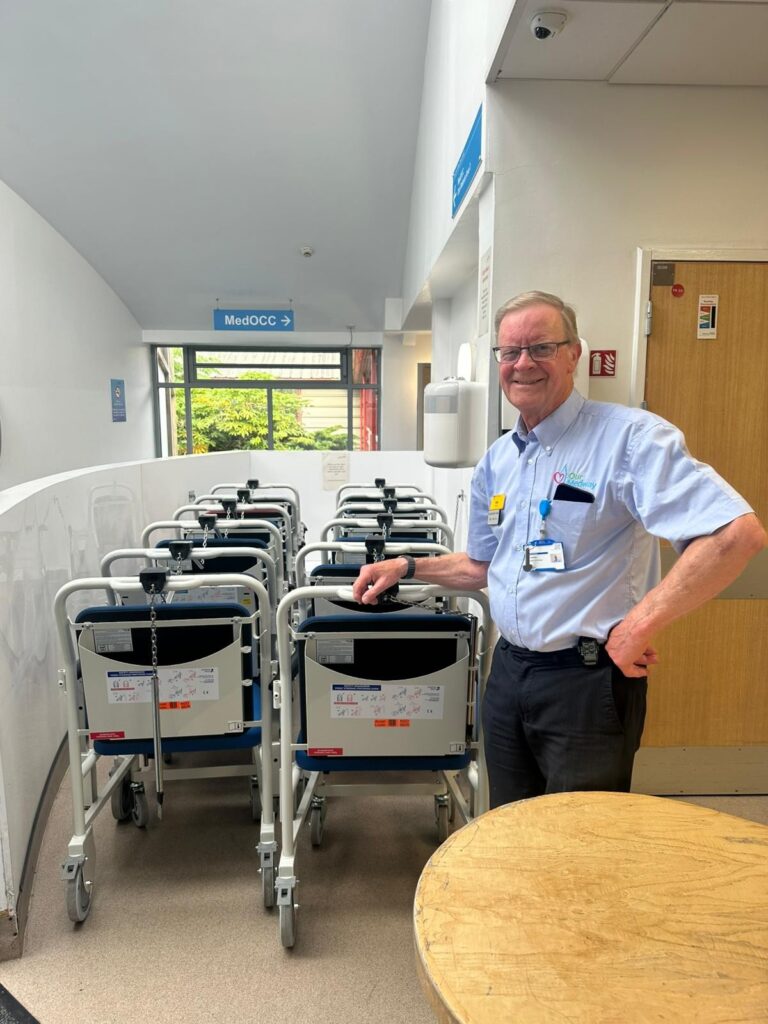 Volunteer Don Lawrence with some of the new wheelchairs funded by Medway Hospital Charity