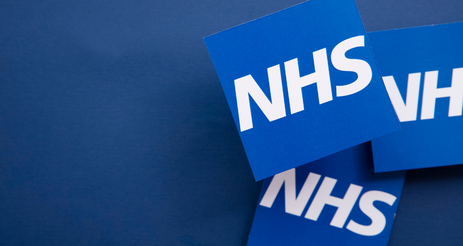 Blue background with white NHS text